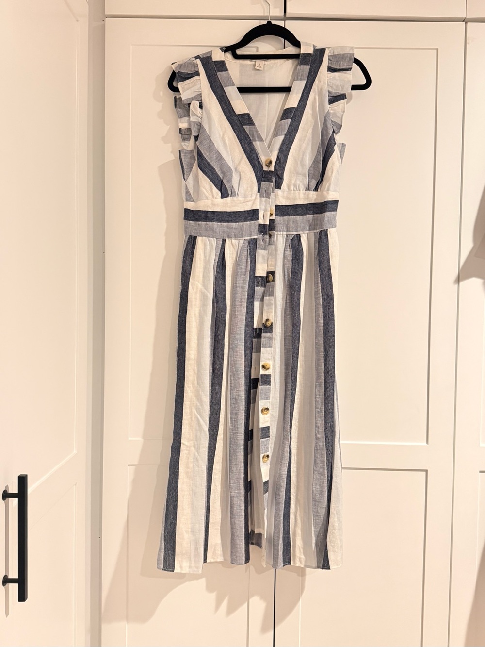 Striped V-Neck Button Midi Dress in Blue and White